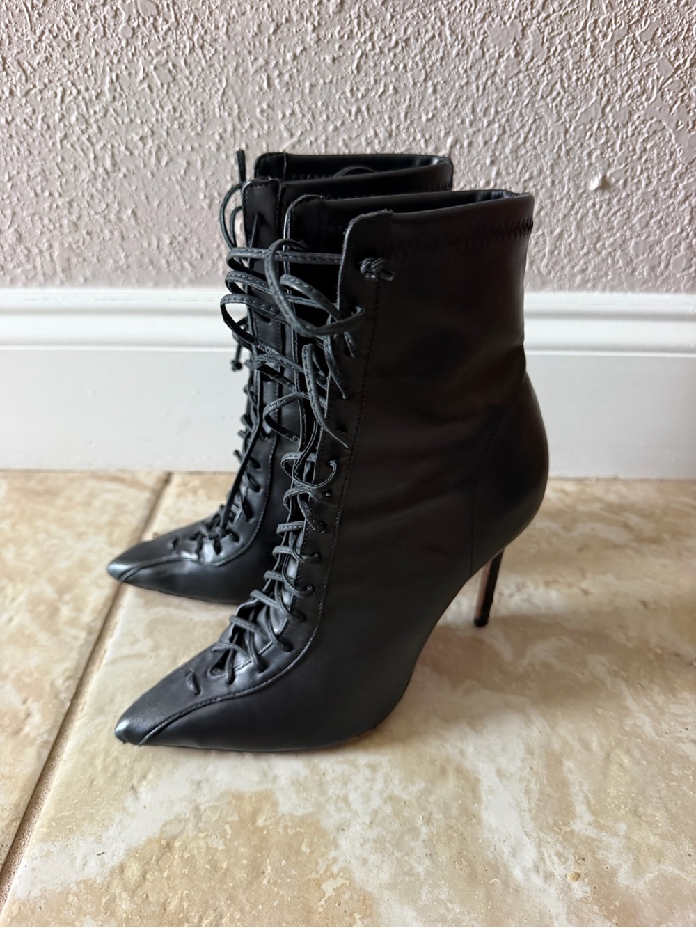 SCHUTZ Black Lace-Up Pointed Stiletto Ankle Boots